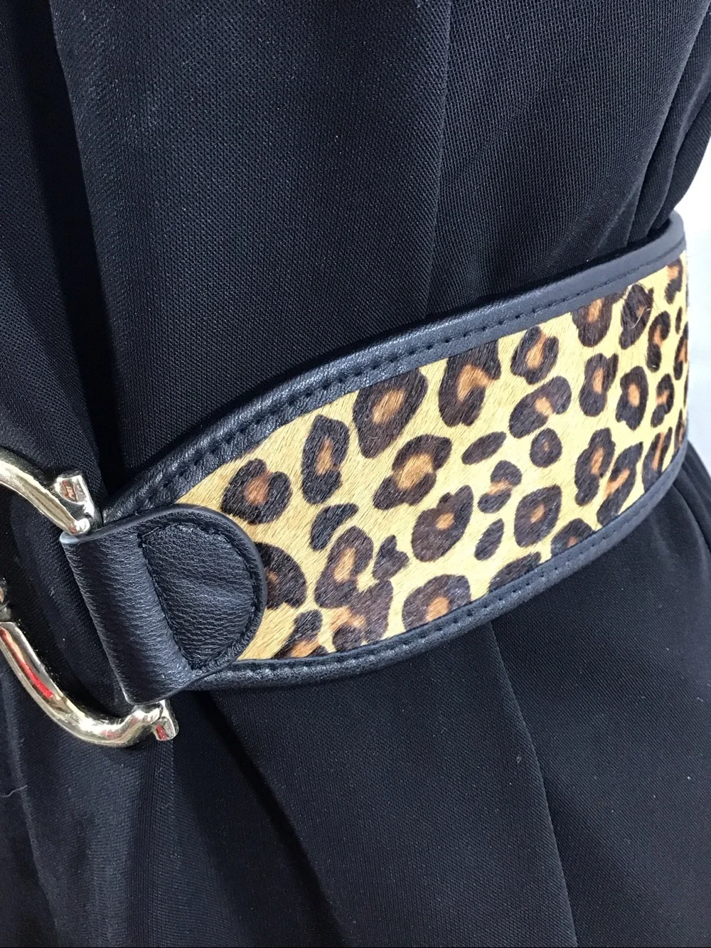 Chico's Leopard Print Wide Waist Belt with Gold Interlocking Buckle M